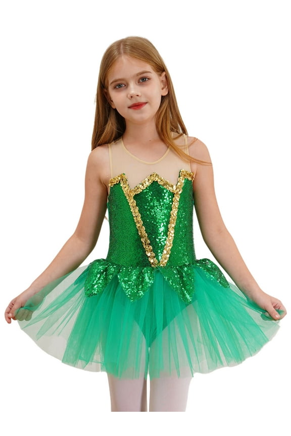 Girls Green Fairy Elf Dress Sleeveless Shiny Sequins Ballet Leotard Tutu Dress Skating Bodysuit Green 8