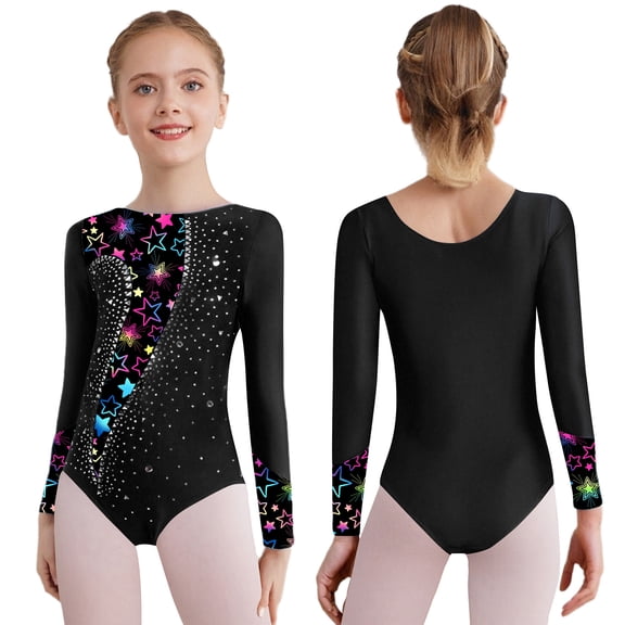 YiZYiF Girls Gymnastics Ballet Dance Bodysuit Long Sleeve Colorful Print Rhinestone Ice Skating Leotard Black 6
