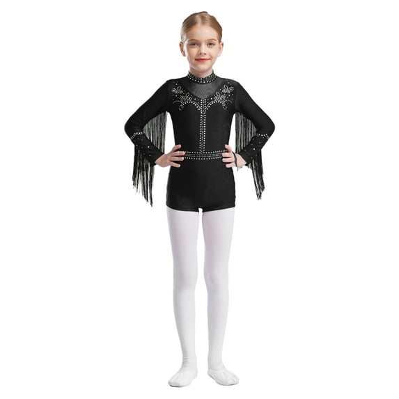 YiZYiF Kids Girls Sparkly Latin Dance Leotard Fringe Long Sleeve Jazz Bodysuit Ballroom Dancewear Black 14