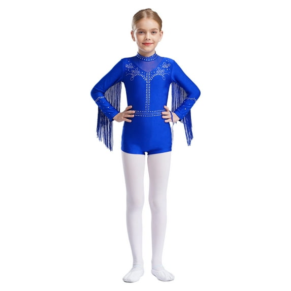 YiZYiF Kids Girls Sparkly Latin Dance Leotard Fringe Long Sleeve Jazz Bodysuit Ballroom Dancewear Blue 6