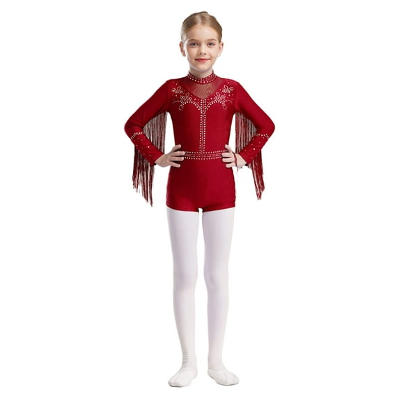 YiZYiF Kids Girls Sparkly Latin Dance Leotard Fringe Long Sleeve Jazz Bodysuit Ballroom Dancewear Burgundy 8