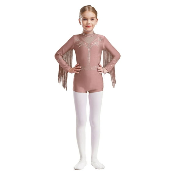 YiZYiF Kids Girls Sparkly Latin Dance Leotard Fringe Long Sleeve Jazz Bodysuit Ballroom Dancewear Dusty Pink 14