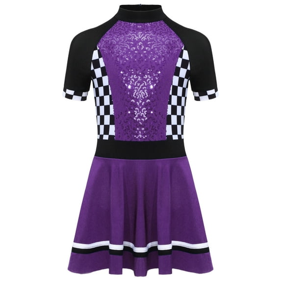 YiZYiF Girls Halloween Race Car Driver Costume Sequins Checkerboard Short Sleeve Tutu Racer Dress Purple 14