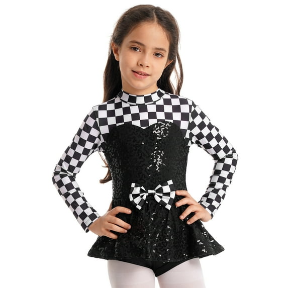 YiZYiF Girls Halloween Racer Costume Sequins Checker Prints Jazz Latin Dance Leotard Black 4