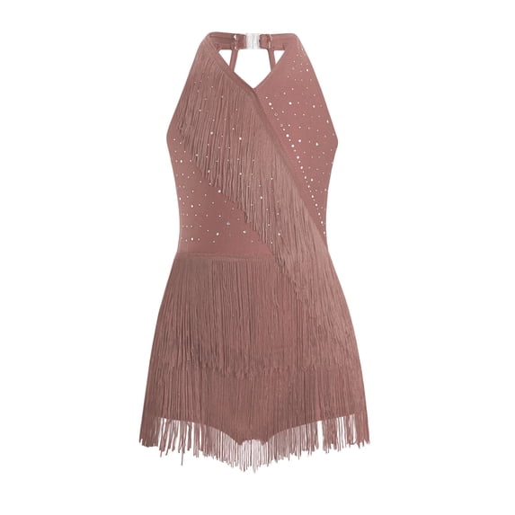 YiZYiF Girls Halter Neck Latin Leotard Rhinestone Tassel Fringe Dance Dress Ballroom Dancing Costume Dusty Pink 6