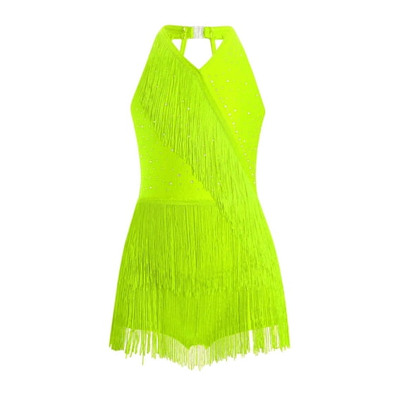 YiZYiF Girls Halter Neck Latin Leotard Rhinestone Tassel Fringe Dance Dress Ballroom Dancing Costume Fluorescent Yellow 6