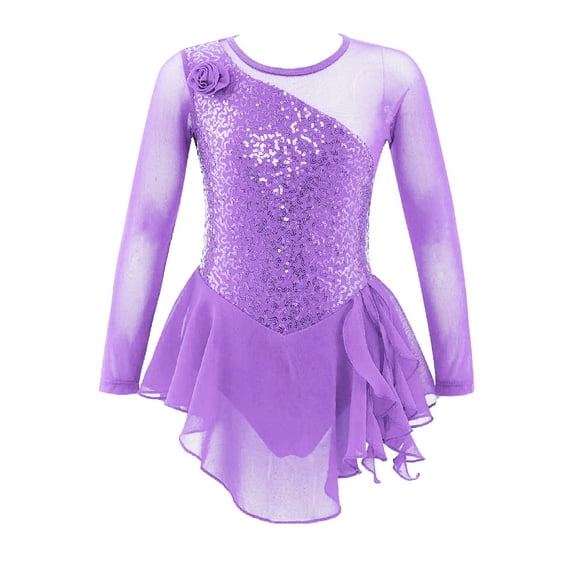 YiZYiF Girls Long Sleeve Ballet Dance Dress Sequins Hollow Out Back Dancewear
