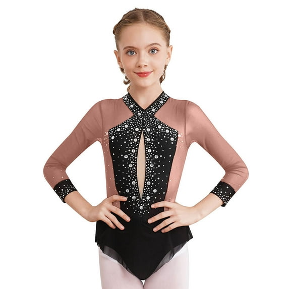 YiZYiF Girls Long Sleeve Gymnastics Leotard Color Block Glittery Bodysuit for Dance Figure Skating Dusty Pink 6