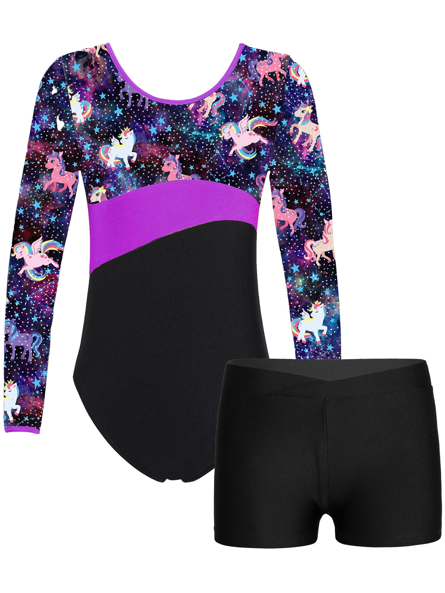 YiZYiF Girls Long Sleeve Gymnastics Leotard with Shorts 2Pcs Outfit