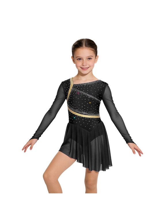 Girls Long Sleeve Mesh Rhinestones Backless Figure Ice Skating Dress Leotard for Ballet Dance Competition Black 10
