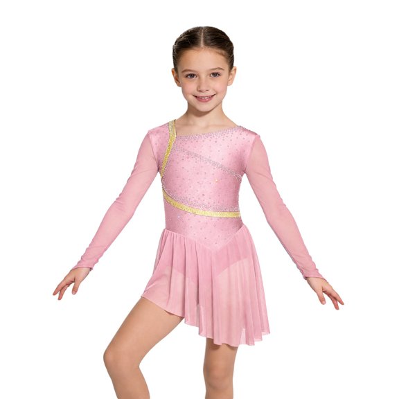 YiZYiF Girls Long Sleeve Mesh Rhinestones Backless Figure Ice Skating Dress Leotard for Ballet Dance Competition Pink 6