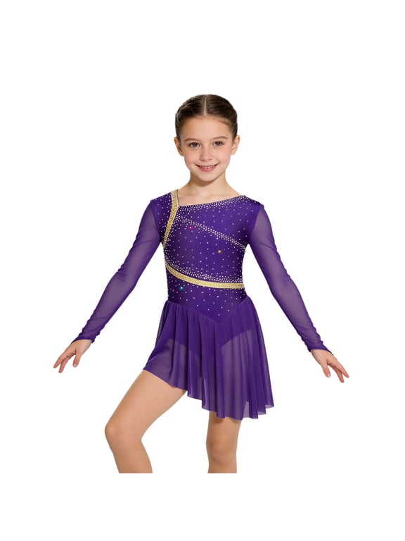Girls Long Sleeve Mesh Rhinestones Backless Figure Ice Skating Dress Leotard for Ballet Dance Competition Purple 6