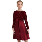 YiZYiF Girls Long Sleeve Sparkle Princess Wedding Birthday Party Elegant Dress High Waist A Line Dresses Burgundy 16