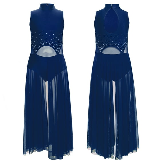 YiZYiF Girls Lyrical Dance Costume Keyhole Back Sleeveless Rhinestones Split Dress Dancewear Navy Blue 14