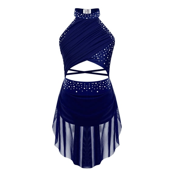 YiZYiF Girls Lyrical Dance Dress Ballet Gymnastics Skirted Leotard Latin Jazz Modern Dancing Costumes Navy Blue 14