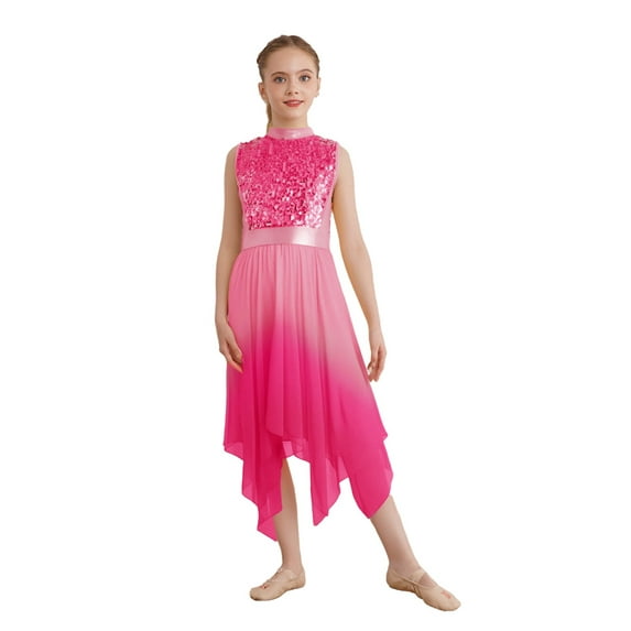 YiZYiF Girls Lyrical Praise Dance Dress Sparky Sequins Sleeveless Liturgical Worship Tunic Overlay Hot Pink 12