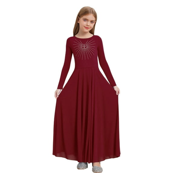 YiZYiF Girls Lyrical Worship Praise Dance Tunic Dress Long Sleeve Pleated Maxi Swing Liturgical Robe Burgundy 16