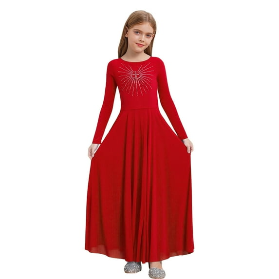 YiZYiF Girls Lyrical Worship Praise Dance Tunic Dress Long Sleeve Pleated Maxi Swing Liturgical Robe Red 6