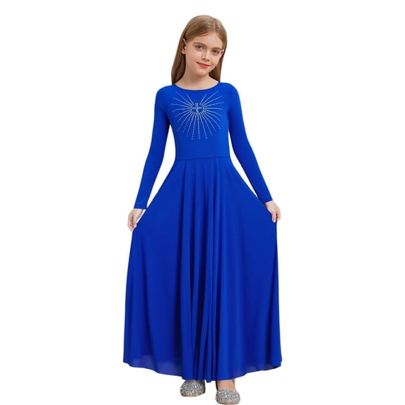 YiZYiF Girls Lyrical Worship Praise Dance Tunic Dress Long Sleeve Pleated Maxi Swing Liturgical Robe Royal Blue 14