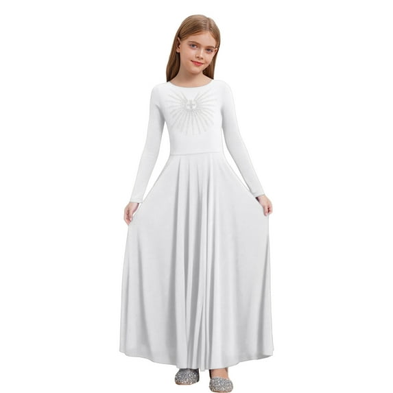YiZYiF Girls Lyrical Worship Praise Dance Tunic Dress Long Sleeve Pleated Maxi Swing Liturgical Robe White 8