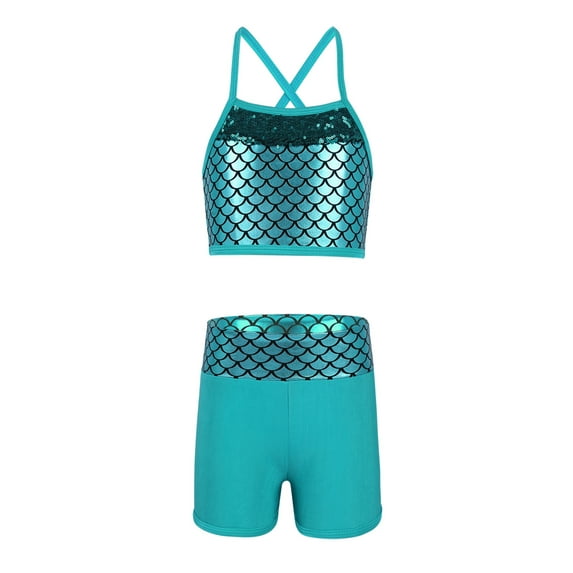 YiZYiF Girls Mermaid Print 2Pcs Ballet Dance Outfit Athletic Gymnastics Activewear Lake Blue 6