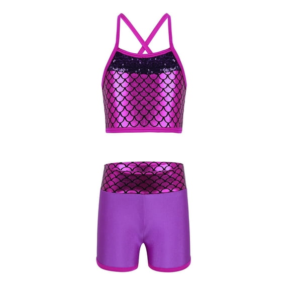 YiZYiF Girls Mermaid Print 2Pcs Ballet Dance Outfit Athletic Gymnastics Activewear Rose Red 6