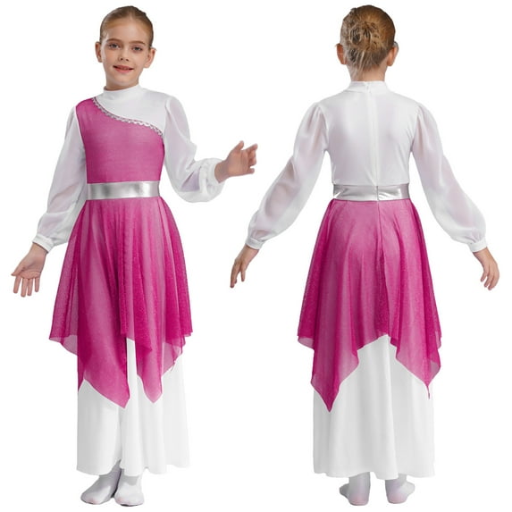 YiZYiF Girls Metallic Color Block Church Praise Dance Dress Long Sleeve Worship Liturgical Tunic Hot Pink 12