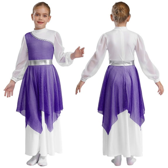 YiZYiF Girls Metallic Color Block Church Praise Dance Dress Long Sleeve Worship Liturgical Tunic Purple 8