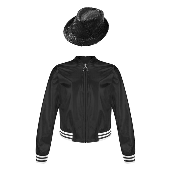 YiZYiF Girls Metallic Long Sleeve Bomber Jacket Outwear with Fedora Hat for Dance Performance Costume Black 6