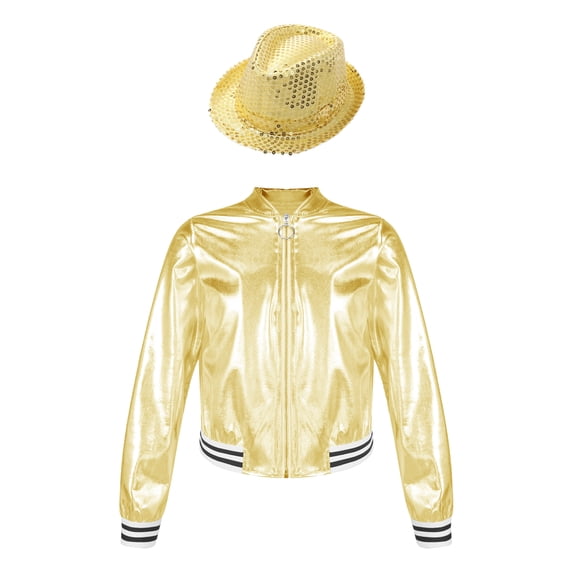 YiZYiF Girls Metallic Long Sleeve Bomber Jacket Outwear with Fedora Hat for Dance Performance Costume Gold 10