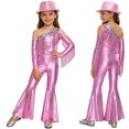 thumbnail image 1 of YiZYiF Girls Metallic Shiny Disco Hippie Jazz Dance Outfits Sequin Tassel Flare Jumpsuit with Hat Set Pink 12, 1 of 7