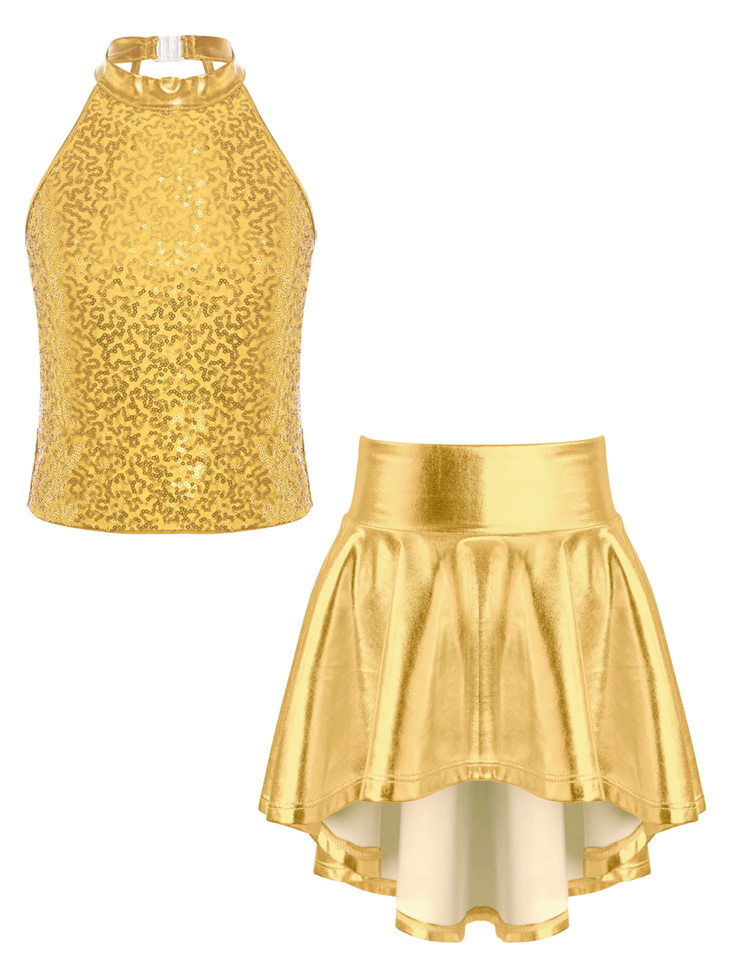 YiZYiF Girls Metallic Shiny Halter Crop Top with Pleated Skirt for ...