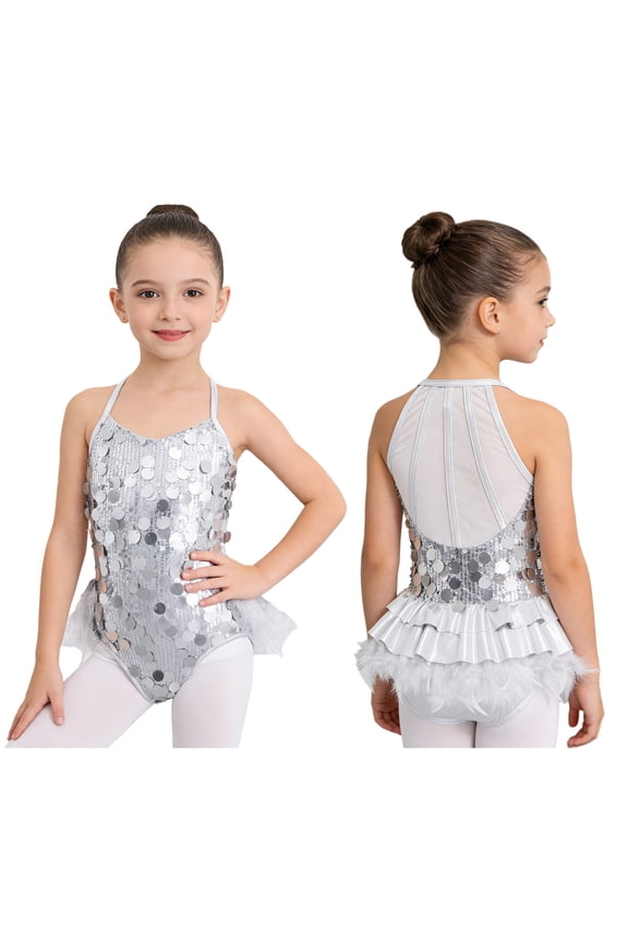 Girls Metallic Shiny Sequin Latin Jazz Ballet Dance Leotard Sleeveless Feather Bodysuit for Party Stage Shows Silver 12