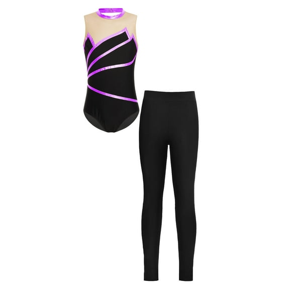 YiZYiF Girls Metallic Stripes Dance Unitard with Leggings Big Girls Sports Leotard with Tights Gymnastics Skating Outfit Purple 6