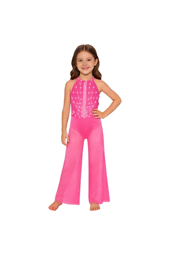 Girls Rhinestone Jazz Dance Jumpsuit Shimmery Sides Split Wide-Leg Romper Built-in Briefs Rose 6