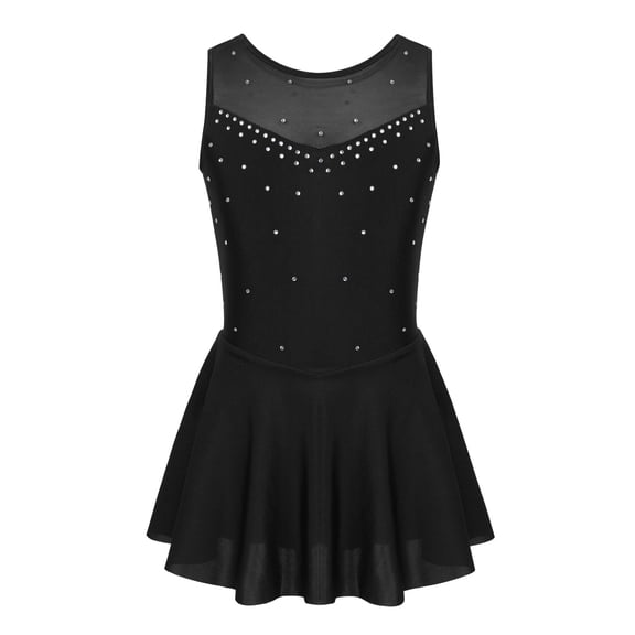 YiZYiF Rhinestones Ballet Gymnastic Skirted Leotard Tulle Back Costume Dress Black (Girls 14)