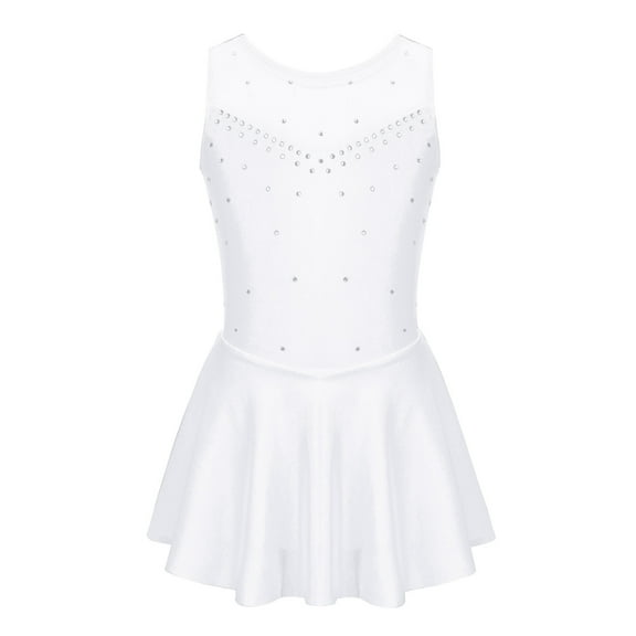 YiZYiF Girls Rhinestones Ballet Gymnastic Skirted Leotard Tulle Back Costume Dress White 10