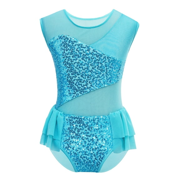 YiZYiF Girls Rhinestones Ballet Gymnastic Skirted Leotard Tulle Back Costume Dress Sky Blue-A 14