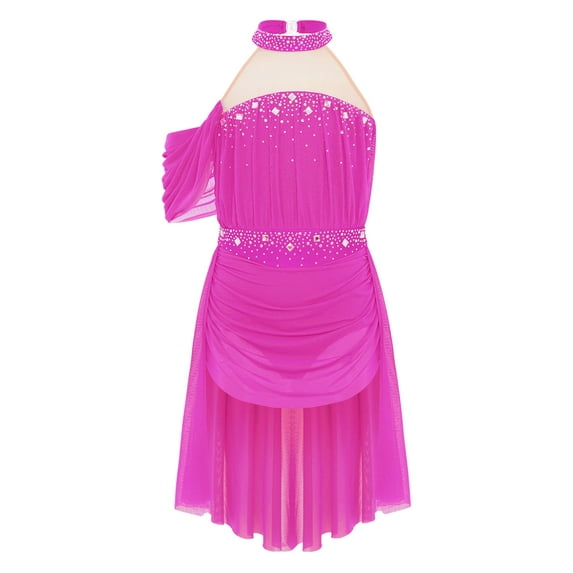 YiZYiF Girls Rhinestones Ruched Mesh Lyrical Ballet Dance Dress Dancing Party Jazz Latin Leotards Hot Pink 14