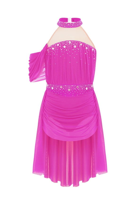 Girls Rhinestones Ruched Mesh Lyrical Ballet Dance Dress Dancing Party Jazz Latin Leotards Hot Pink 6