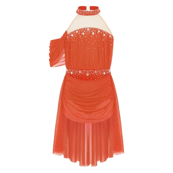 YiZYiF Girls Rhinestones Ruched Mesh Lyrical Ballet Dance Dress Dancing Party Jazz Latin Leotards Orange 12