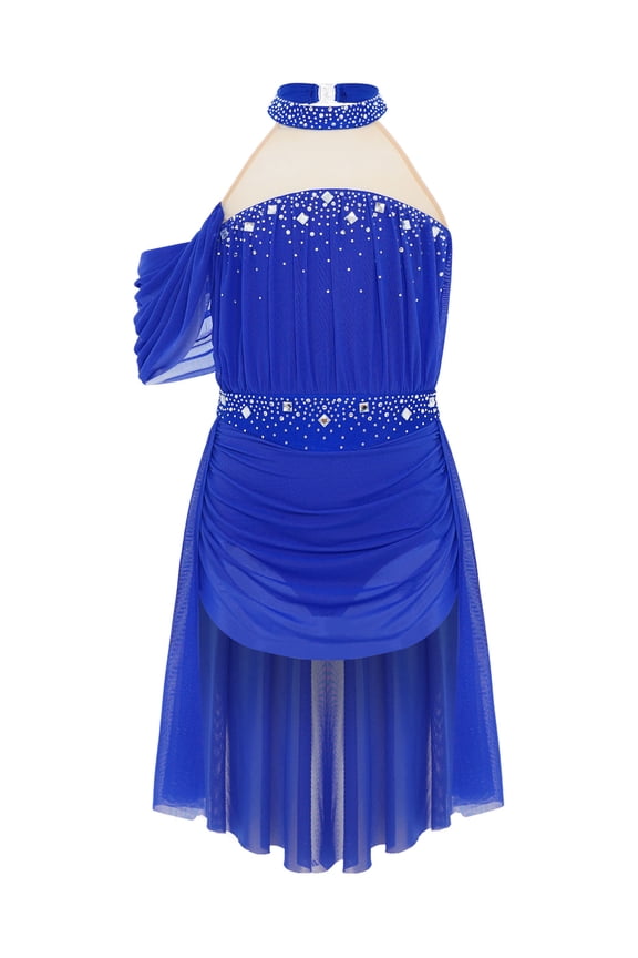 Girls Rhinestones Ruched Mesh Lyrical Ballet Dance Dress Dancing Party Jazz Latin Leotards Royal Blue 8