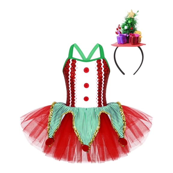 YiZYiF Girls Santa Elf Christmas Costume Camisole Mesh Tutu Dress for Figure Ice Skating Dance Party Green 12
