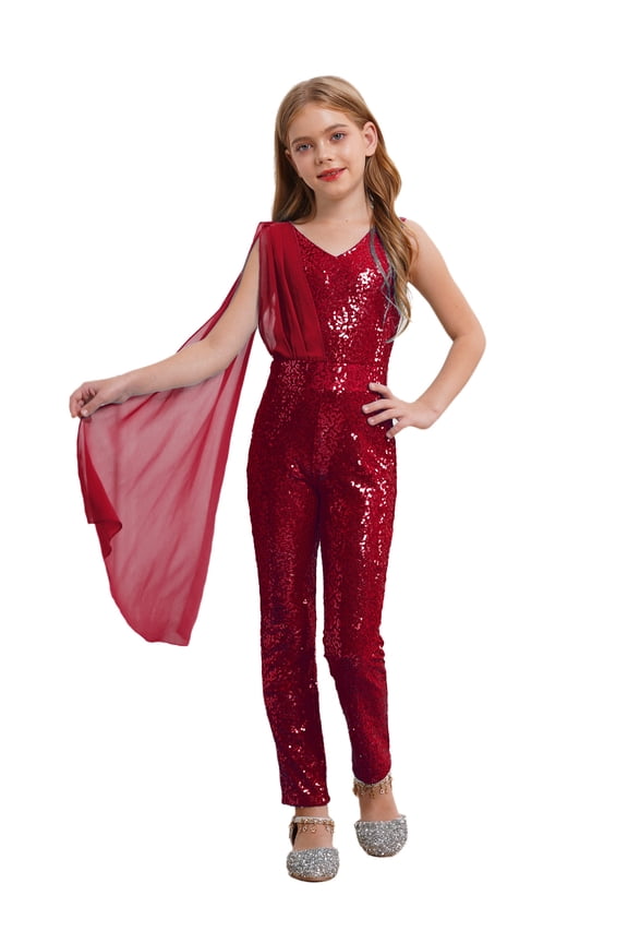 Girls Sequin Jumpsuits Tween Sparkly Party Sleeveless Dance Formal Romper Bodysuit One Piece Burgundy 12