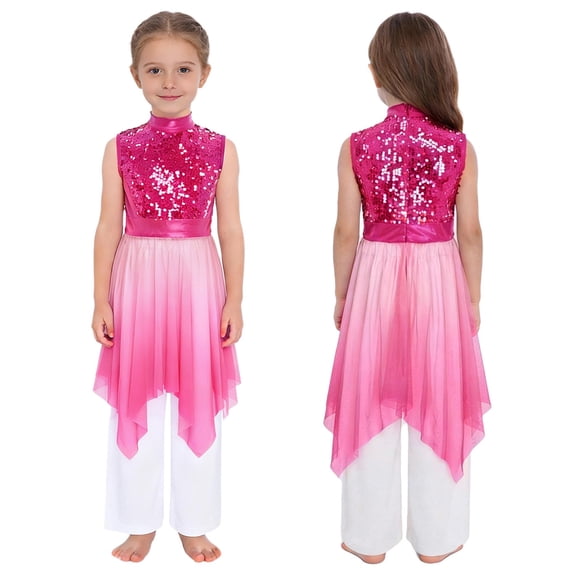 YiZYiF Girls Sequin Liturgical Worship Praise Dance Dress Tunic with Palazzo Pants Lyrical Dancewear Hot Pink 14
