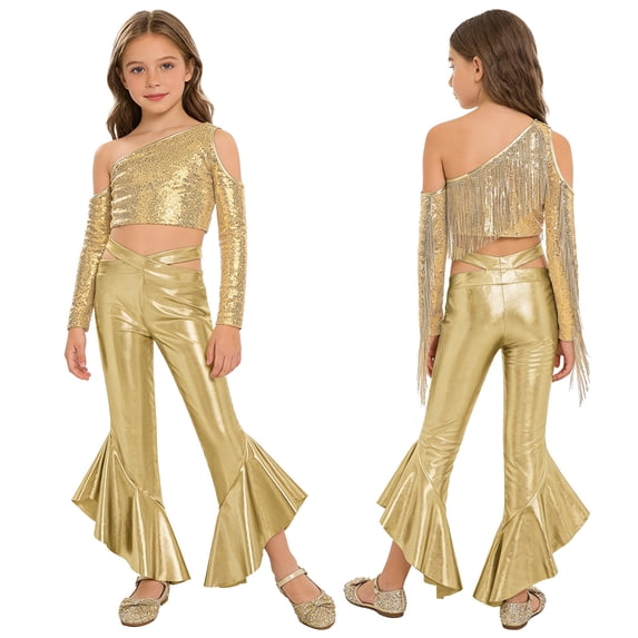 YiZYiF Girls Sequin Tassel Crop Top and Metallic Flared Pants Shiny Rave Party Shows Jazz Disco Dance Outfit Set Gold 6