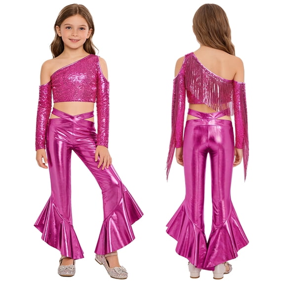 YiZYiF Girls Sequin Tassel Crop Top and Metallic Flared Pants Shiny Rave Party Shows Jazz Disco Dance Outfit Set Hot Pink 16