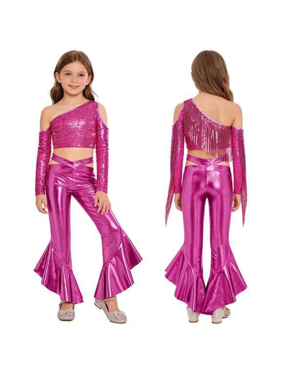 Girls Sequin Tassel Crop Top and Metallic Flared Pants Shiny Rave Party Shows Jazz Disco Dance Outfit Set Hot Pink 6