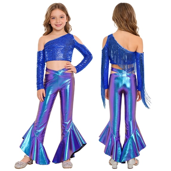 YiZYiF Girls Sequin Tassel Crop Top and Metallic Flared Pants Shiny Rave Party Shows Jazz Disco Dance Outfit Set Royal Blue 10