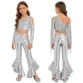 thumbnail image 1 of YiZYiF Girls Sequin Tassel Crop Top and Metallic Flared Pants Shiny Rave Party Shows Jazz Disco Dance Outfit Set Silver 14, 1 of 7